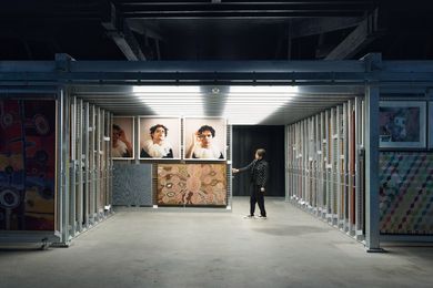 The archives are positioned so that visitors can engage directly with the racking system. Artwork (clockwise from left): Tuppy Goodwin, Christian Thompson, Charlie Tararu Tjungurrayi and Lisa Wolfgramm.