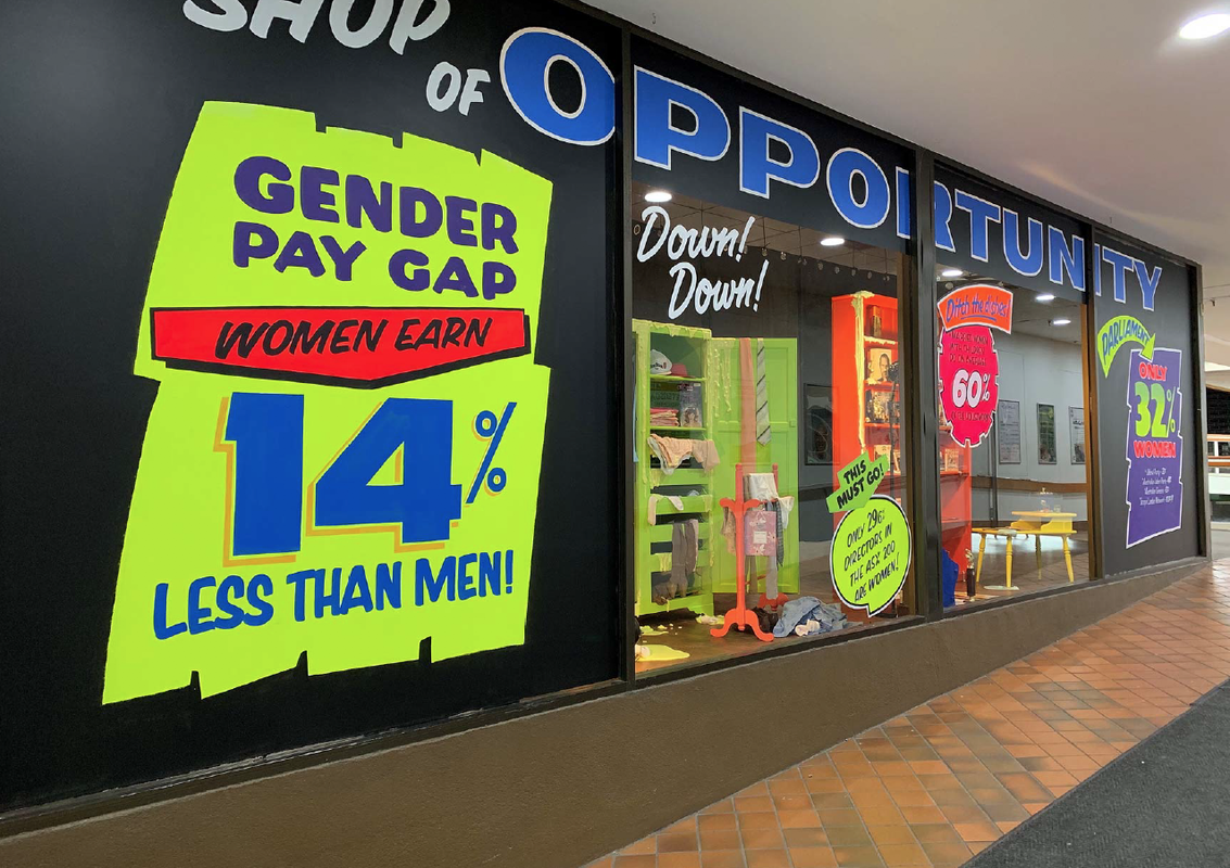 The Shop of Opportunity, a large-scale installation by the Hotham Street Ladies, explores themes of feminism, community, suburbia, public space and gender equality.