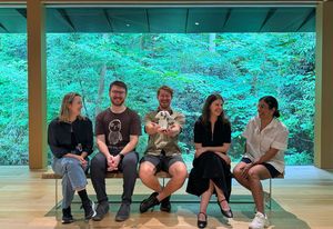 The 2024 Dulux Study Tour winner at Meiji Jingu Museum by Kengo Kuma and Associates. L–R: Emma Chrisp, Flynn Carr, Mike Sneyd, Simona Falvo and Jamileh Jahangiri.