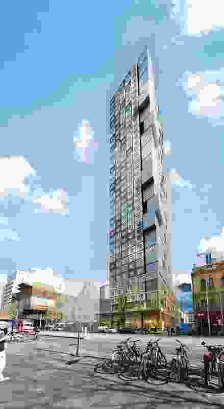 Render of 393 Swanston Street (2018), designed by Denton Corker Marshall to accommodate students in Melbourne’s CBD. The forty-seven-storey building contains 754 apartments.
