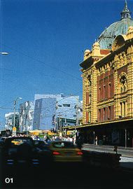 Looking along Flinders Street, with the railway station in the foreground and the forms of Federation Square beyond. Image: Trevor Mein.