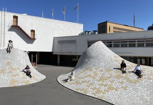 The 2023 Dulux Study Tour winners at Amos Rex Art Museum by JKMM. L–R: Bradley Kerr, Sarah Lebner, Tiffany Liew, Ellen Buttrose, and Edwina Brisbane