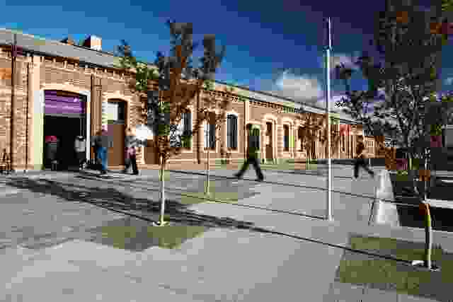 The Trainshed Way shared space starts at the entrance of Geelong Railway Station, a heritage-listed 1880s building.
