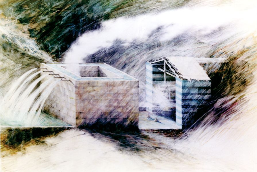 Water House, 1976. Image shows stream becoming a canal.