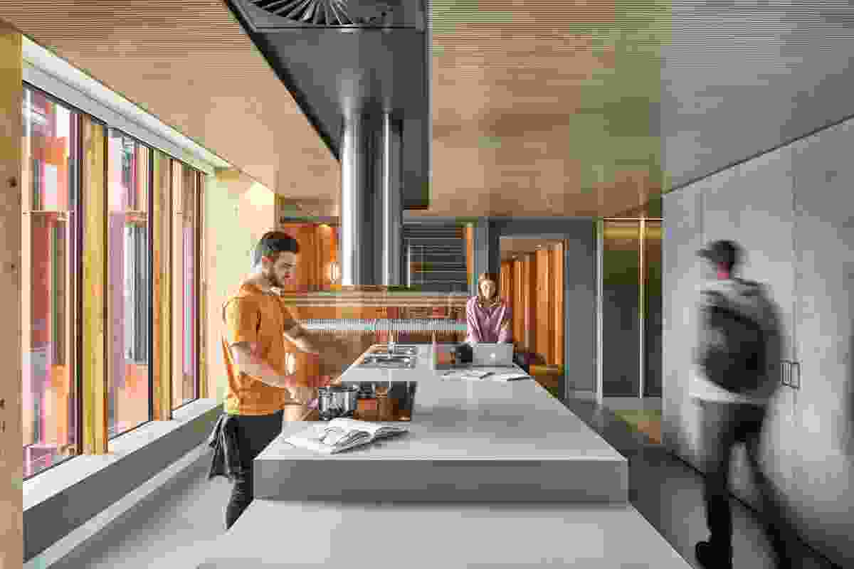 In a thoughtful review of the student housing typology, the building includes communal kitchens on every floor.