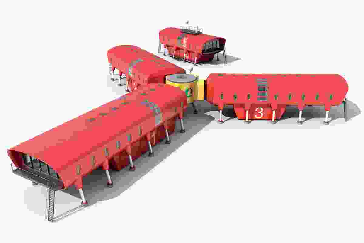 Hugh Broughton Architects’ rendering for the Juan Carlos 1 Antarctic Research Base. The science building is a separate structure far enough away to provide a refuge in case of a major fire within the habitat. The base comprises modular fibre-reinforced plastic monocoque rings supported on legs, with ancillary space suspended below.