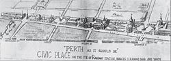 “Perth as it
Should Be”, 1911. Part
of Temple-Poole’s
town plan for the
capital city, in George
Temple-Poole: Architect
of the Golden Years
1885–1897, Ray
and John Oldham,
University of
Western Australia
Press, 1980.