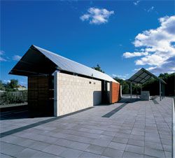  The pavilions sliding past each other, as seen from the north-east. The facilities are part of new tourism infrastructure in Richmond, a Tasmanian town known for its nineteenth-century Georgian architecture. Image: Richard Eastwood 