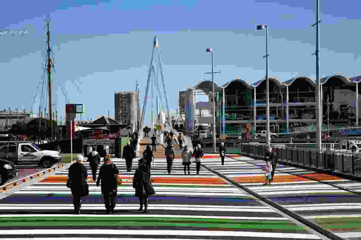 The approach to Wynyard Quarter via Wynyard Crossing, a bridge linking the Viaduct with Wynyard Quarter's Jellicoe Street, North Wharf promenade and the Viaduct Events Centre.