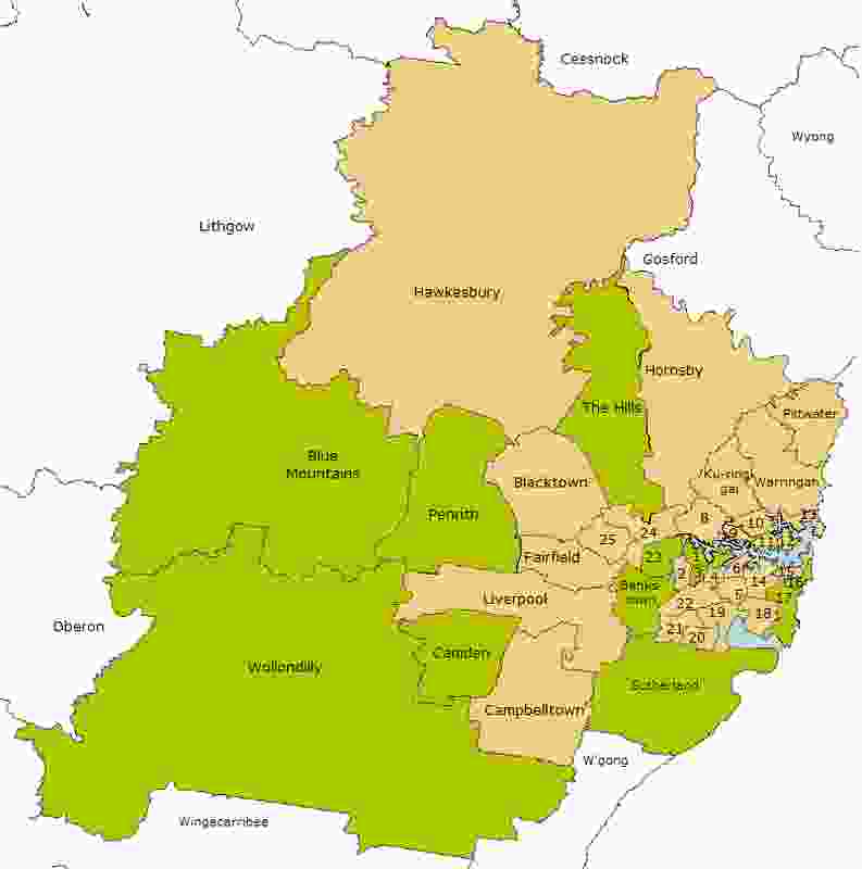 The IPART findings deemed 70 percent of councils in metropolitan Sydney not "fit". Green represents fit councils, and beige represents those that were found to be not fit.