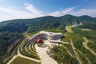 The museum building, designed by architects Studio Odile Decq, is nestled into the contours of the heavily quarried hillside.