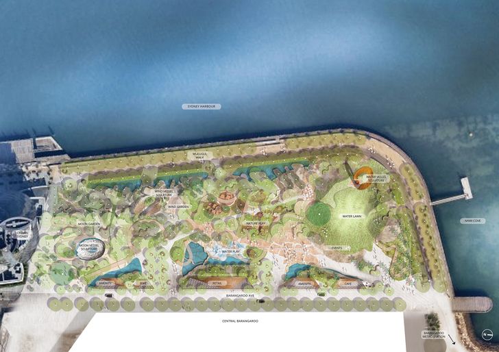Annotated plan of Barangaroo Harbour Park by Akin (Yerrabingin, Architectus, Jacob Nash Studio, Studio Chris Fox and Flying Fish Blue, with Arup).