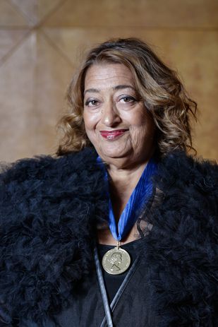 Zaha Hadid receiving the RIBA Royal Gold Medal in February 2016.
