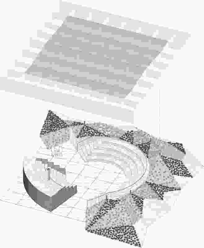 Exploded axonometric diagram of the 2017 MPavilion by Rem Koolhaas and David Gianotten of OMA.