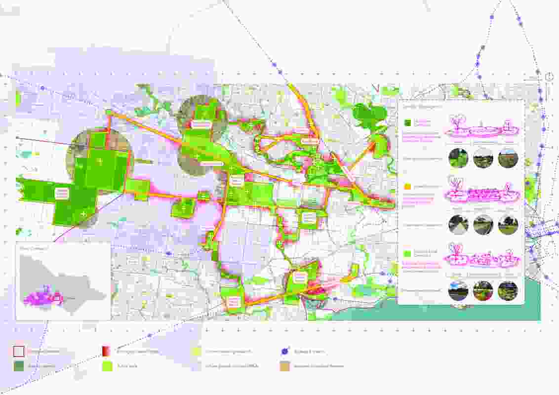 The map shows the result of a phased creation of a large-scale ecological corridor network connecting the grassland remnants of Melbourne’s western suburbs using linear landscape and steppingstone corridor elements.