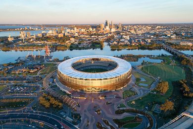 The roof, a “simple and singular signature,” makes the stadium a recognizable gateway to the city.