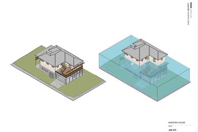 An illustration shows how Queenslander houses would float using the pontoon device.