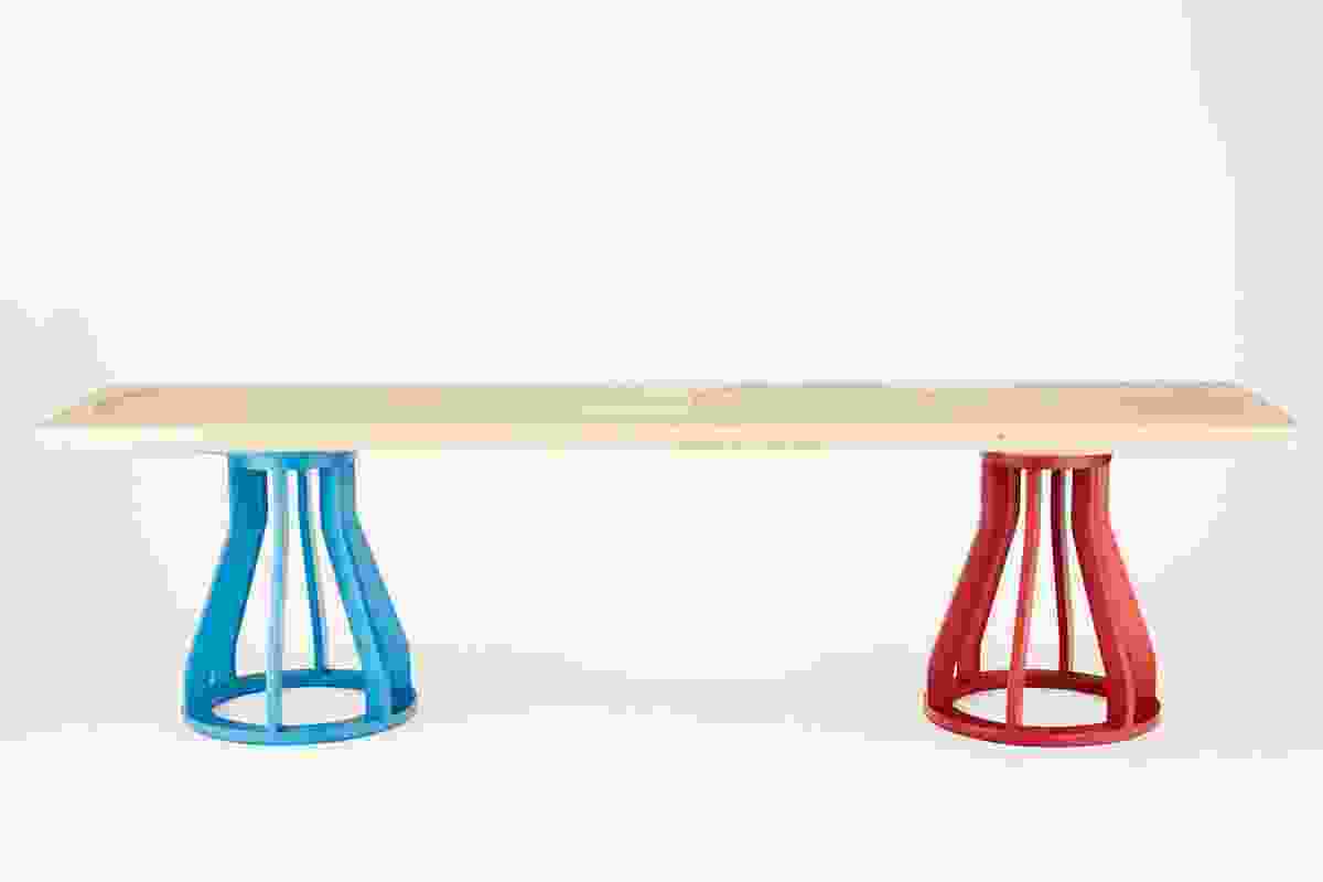 Jon Goulder Plank Bench and supporting Spool Stools for Dessein Furniture. 