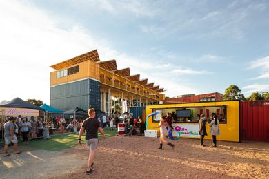 Westside Acton Park designed by Cox Architecture is a temporary park and social space on the shores of Lake Burley Griffin in Canberra.