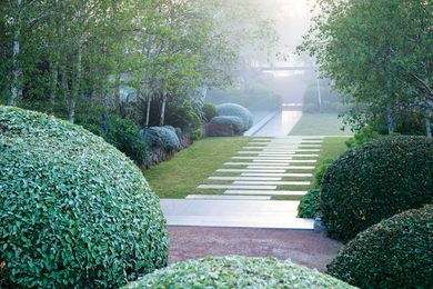 In Spirit Level’s design for Ooralba Estate in New South Wales’s Kangaroo Valley the stepped flagging and assymetrical axis create a sense of mystery.