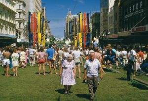 Central Melbourne: Framework for the Future by City of Melbourne – Hardware Lane, McKillop Street and Swanston Street, Victoria,1985–ongoing. Pictured here is the Swanston Street Party (1985).