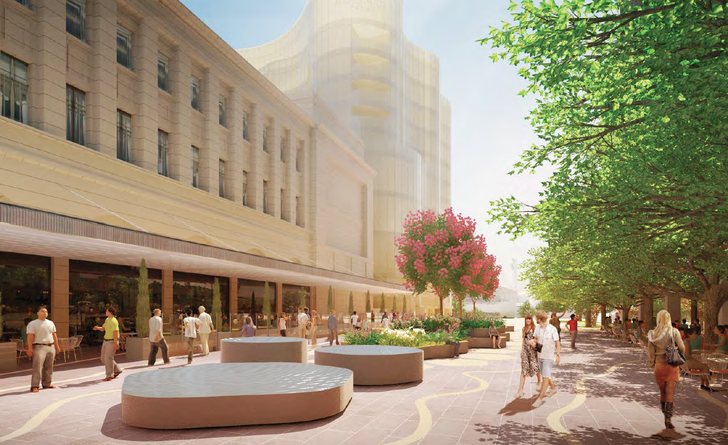 Tree-lined Station Road in the proposed redevelopment of Adelaide Festival Plaza designed by ARM Architecture and Taylor Cullity Lethlean.