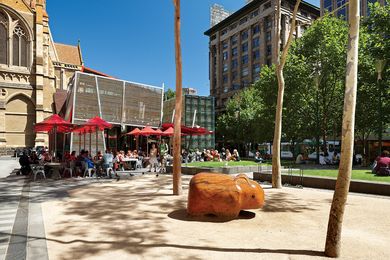 Popular coffee shop Brunetti sits on the Flinders Lane edge of the City Square.