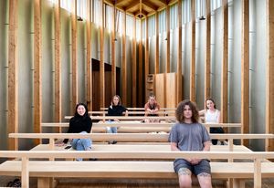 The 2023 Dulux Study Tour winners at Saint Benedict Chapel by Peter Zumthor. L–R: Tiffany Liew, Ellen Buttrose, Sarah Lebner, Bradley Kerr, and Edwina Brisbane.