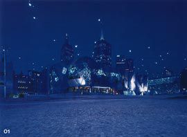 Looking towards the ACMI building, with the “starry sky” of catenary lights. Image: Derek Swalwell.