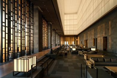 A giant lantern made of washi (Japanese paper) fills the top half of the hotel’s lobby on the thirty-third floor.