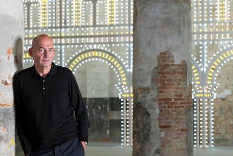Rem Koolhaas, curator of the 2014 Venice Architecture Biennale; behind is the Luminaire installation.