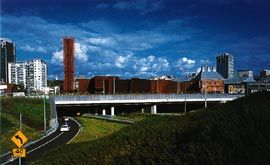The Sturt Street elevation seen across the freeway.