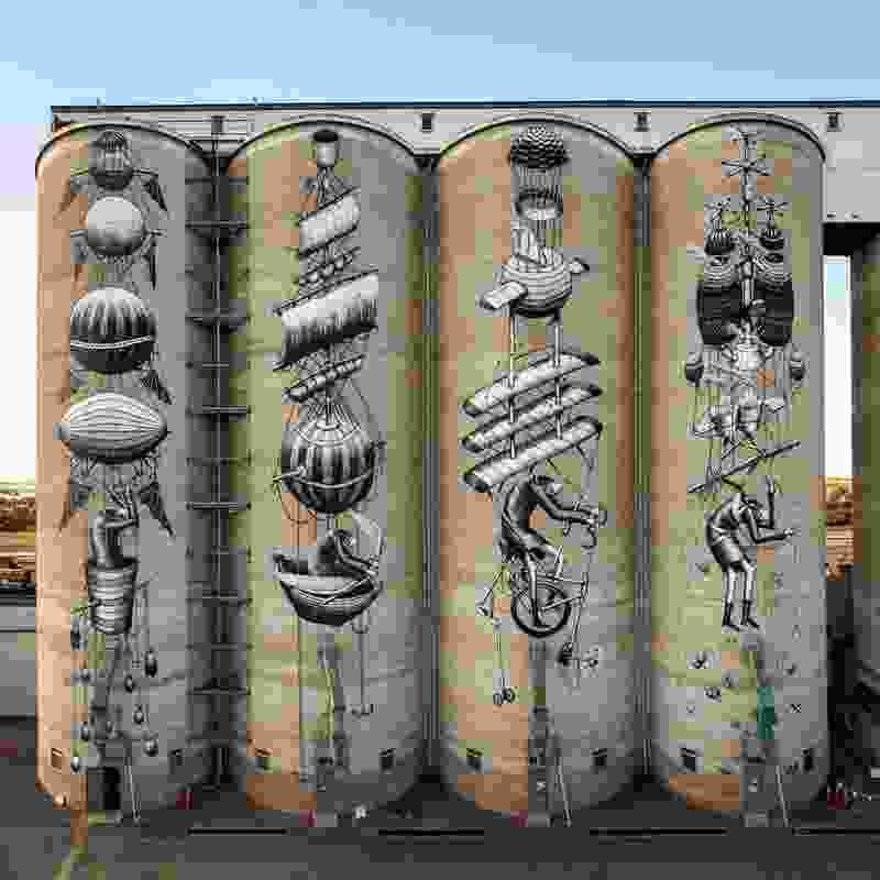 British artist Phlegm painted this mural on a grain silo in Avon in 2015. 