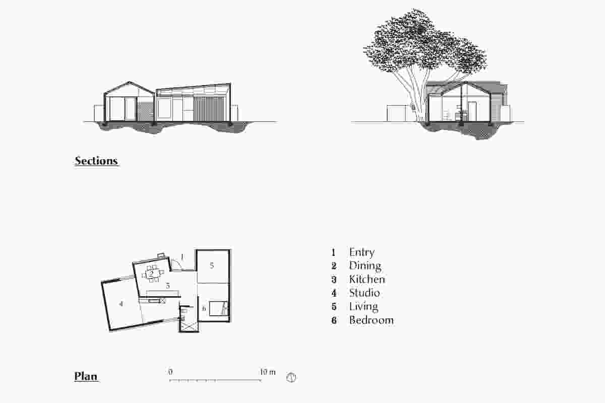 Plan and sections of the Exploding Shed House by David Weir Architects.
