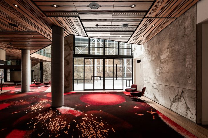 The carpet in the foyer, designed by Liminal Spaces and fashion designer Michelle Maynard, depicts the story of the Dance of the Banksia Wicks.