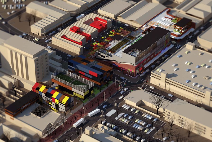 Aerial view of Footscray Fresh and Cheap, by Helen Duong, showing civic building, loose-fit renovated structure, enclosed incubator and activity buildings, open parkland connected by ramps and bridges.