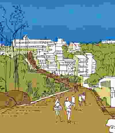 Conceptual sketch of Griffith University from a site planning report in April 1973 by Roger Johnson.