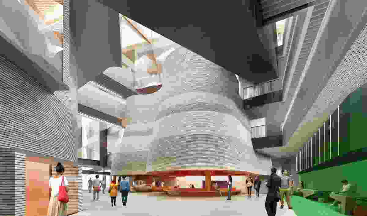 An internal visualization of the Learning and Teaching Building by John Wardle Architects, currently being constructed at Monash University’s Clayton campus, depicting a key atrium. 