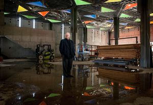 Glenn Murcutt inside the Australian Islamic Centre during construction.