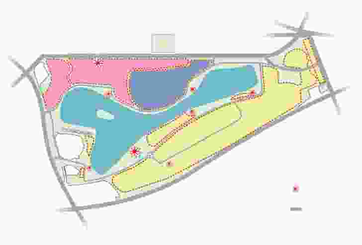 Map from the Albert Park masterplan demonstrating proposed changes. The pink sections indicate the proposed Eastern Woodland and events spaces; the purple section indicates the reduced golf course.