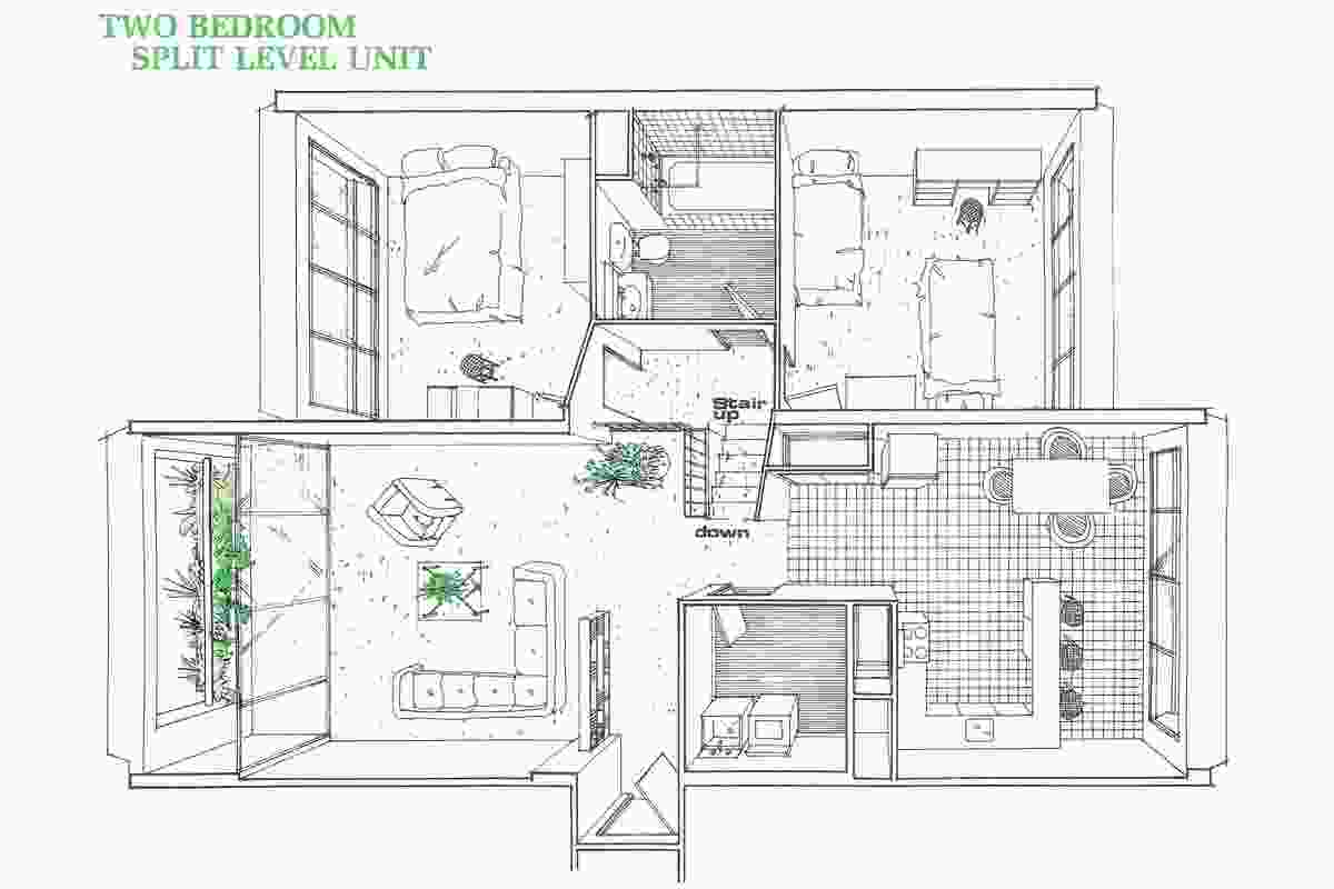 A plan for a two-bedroom, split-level unit in Sirius.