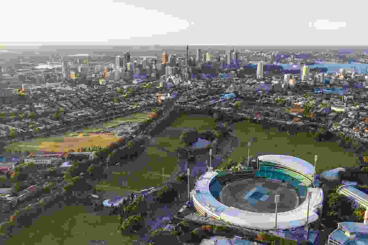 Bates Smart's concept proposes to return the site of Sydney Football Stadium at Moore Park back to park land.
