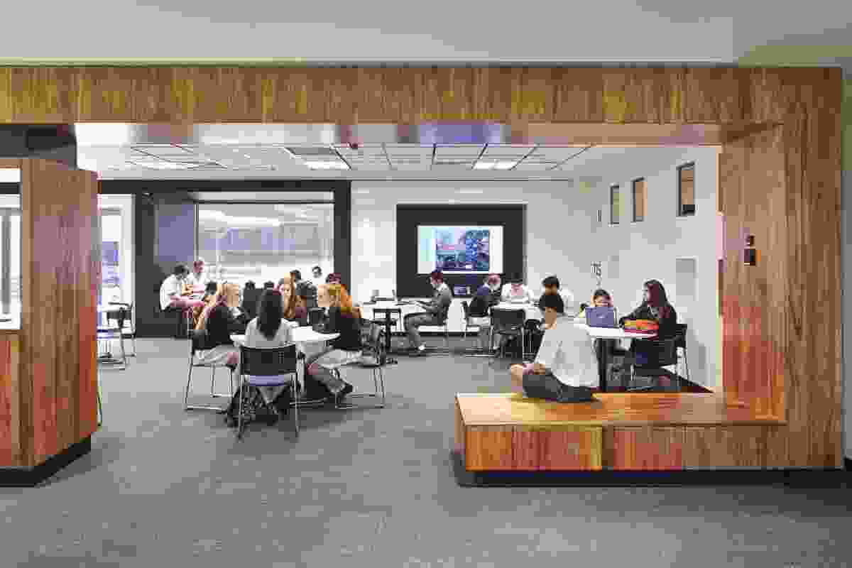The study hub on level one is an open, flexible space for students that can also be booked by teachers for classes. Tasmanian blackbutt timber frames the space and creates extra seating.