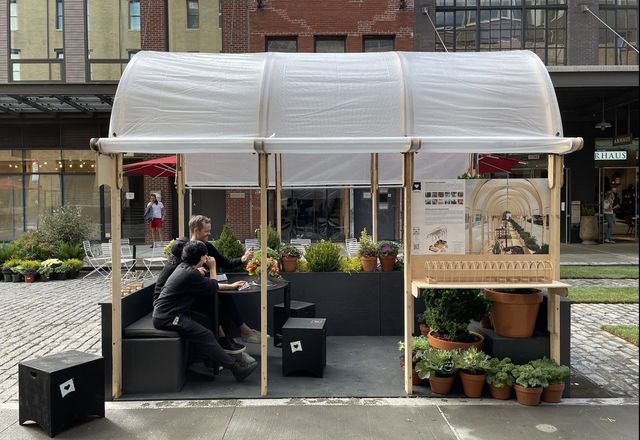 Re-ply, a social initiative by BVN's New York office, which took plywood used for protest barricades and transformed them into outdoor spaces for COVID-embattled bars, restaurants and cafes.