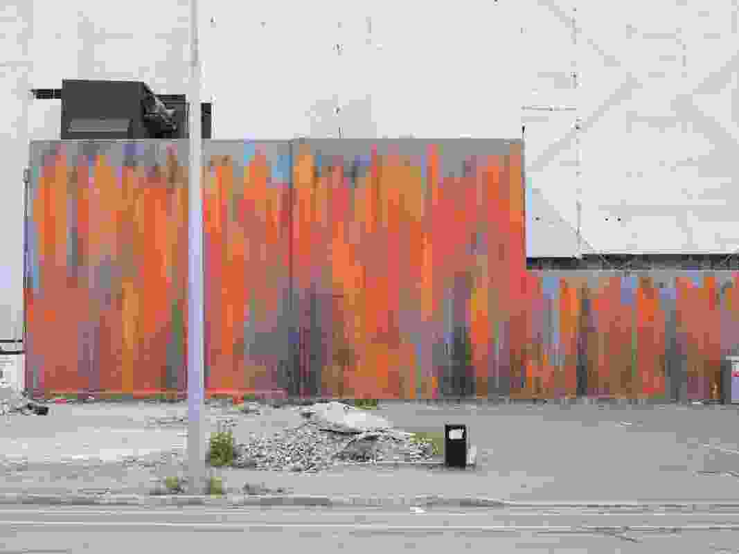 Concrete Propositions: A paint-splattered wall on Worcester Street. The huge, abstract painting was applied to a wall revealed by demolition by artist Ash Keating.