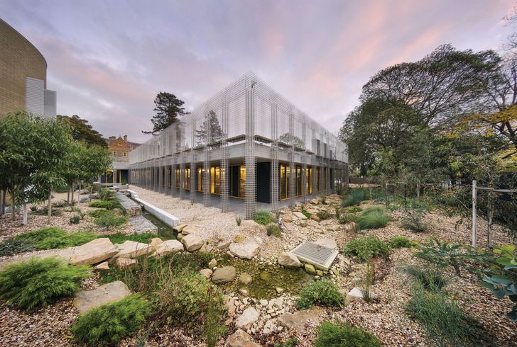 The Wade Institute of Entrepreneurship, in the grounds of Ormond College at the University of Melbourne, combines unconventional teaching spaces with a rooftop tennis court. Photograph: John Gollings.