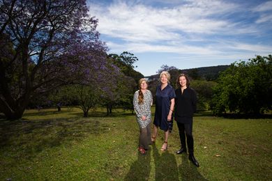 Landscape architect Megan Wraight (left), the Bundanon Trust's Deborah Ely (centre) and architect Kerstin Thompson (right) at the Riversdale site.