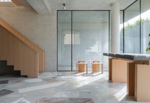 Rochester Street Office features marble offcuts in the floor, and joinery and desks made from recycled Oregon.