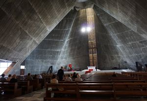 St Mary's Cathedral by Kenzo Tange, Tokyo. An incredibly emotive space, which succeeds largely due to an effort of geometry that resists understanding.