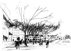 Sketch of the South Lawn and surrounding buildings
from the University of Melbourne Master Plan Report
1970, by Ancher Mortlock Murray and Woolley.